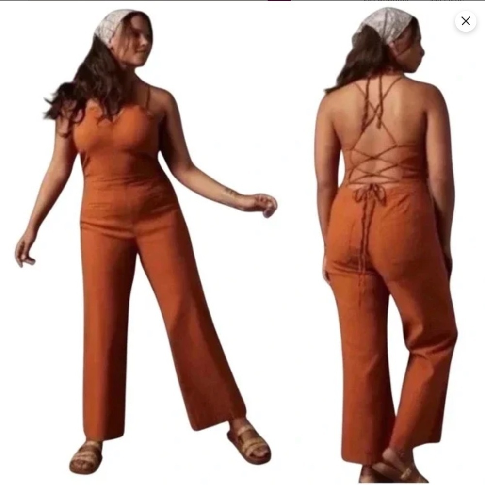 Anthropologie Maeve Colette Strappy Jumpsuit 24W Wide Leg Burnt Orange Rust Boho
